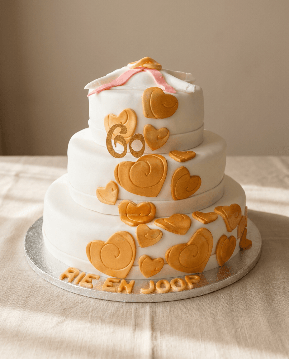 Witte jubileumtaart van drie lagen met gouden fondant hartjes, een roze strik en een gouden cijfer 60. Onderaan staan de namen van het jubilerende paar, op een zilveren taartplaat.