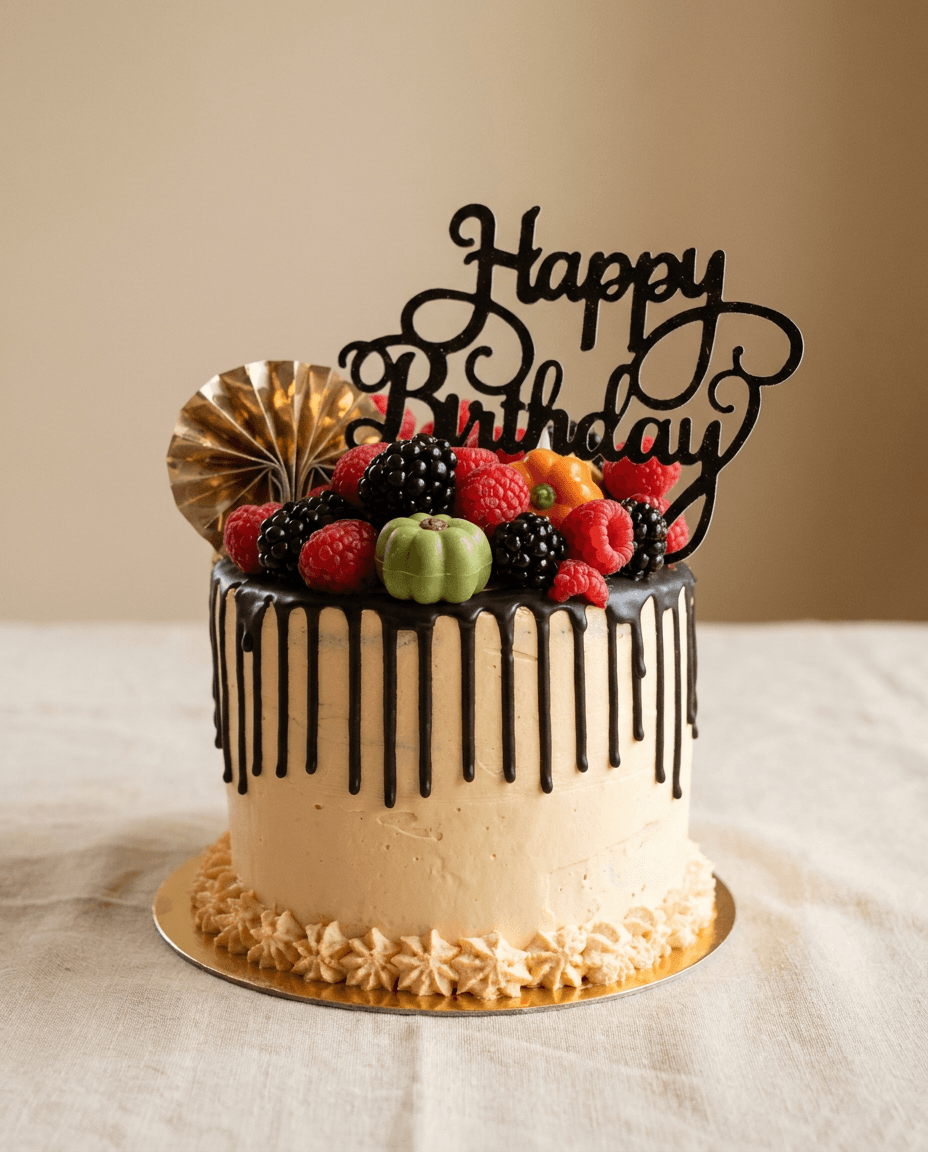 Verjaardagstaart met Italiaanse botercrème en donkere chocoladedrip, bedekt met frambozen, bramen en chocolade pompoentjes. Bovenop staan een gouden waaier en een zwarte "Happy Birthday"-topper.