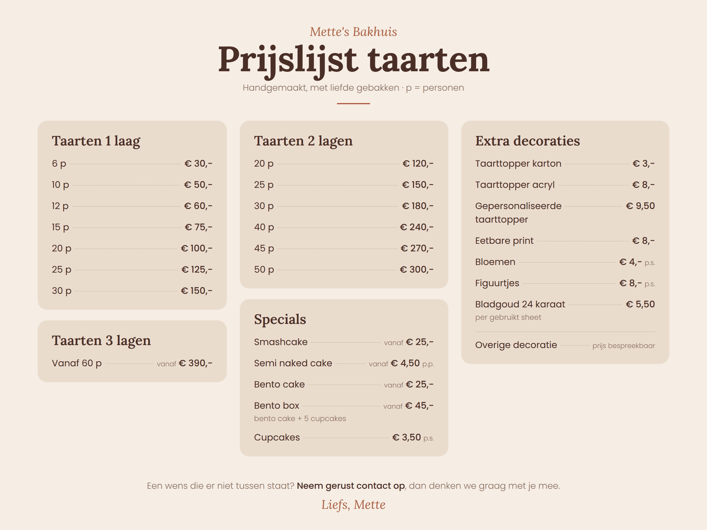 Prijslijst taarten van Mette's Bakhuis met prijzen voor taarten van 1, 2 en 3 lagen, specials zoals smashcake, bento cake en cupcakes, en extra decoraties.