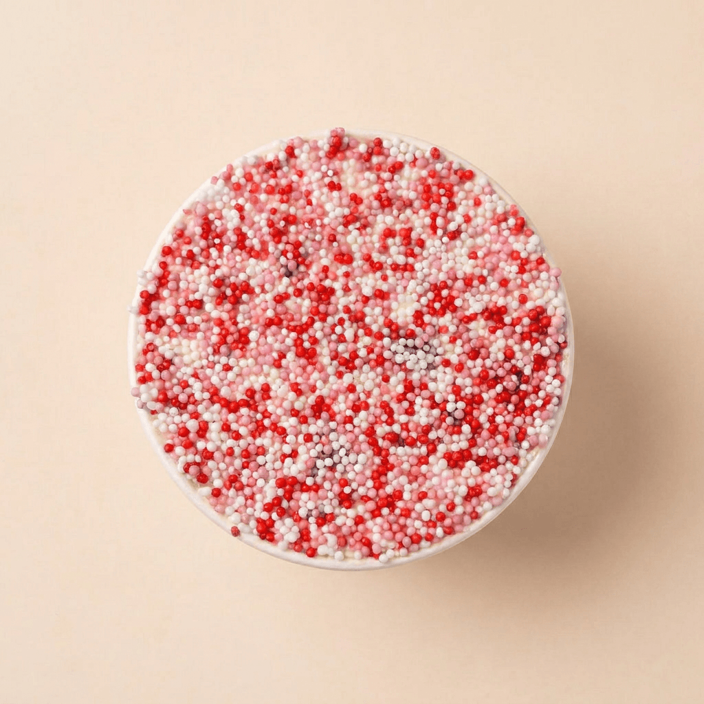 Bovenaanzicht van een red velvet dotcake met een romige laag roomkaasfrosting en rijkelijk afgewerkt met rood-roze spikkels.