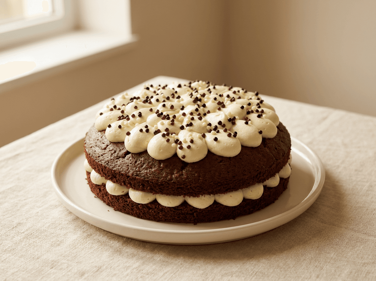 Red velvet cake met twee lagen, gevuld en luxe opgespoten met romige cream cheese en bestrooid met witte en bruine krokante choco balletjes. De cake staat op een crèmekleurig bord op een linnen tafelkleed.