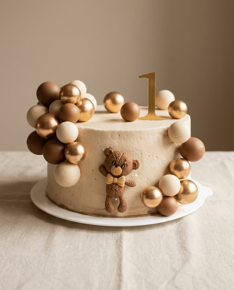 Crèmekleurige taart met Italiaanse botercrème en een bruin knuffelbeertje met strikje op de zijkant. Eromheen zitten bruine, beige en gouden bollen, en bovenop staat een gouden cijfer 1.