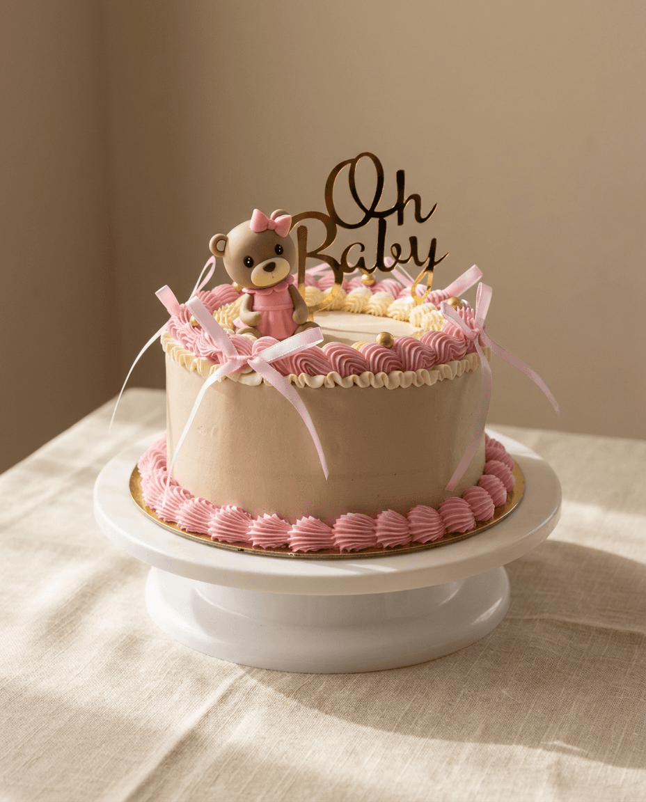 Taupe babyshowertaart met Italiaanse botercrème, roze en crèmekleurige spuitranden, roze satijnen strikjes en gouden parels. Bovenop zit een beertje in een roze jurkje naast een gouden "Oh Baby"-topper, op een witte taartstandaard.