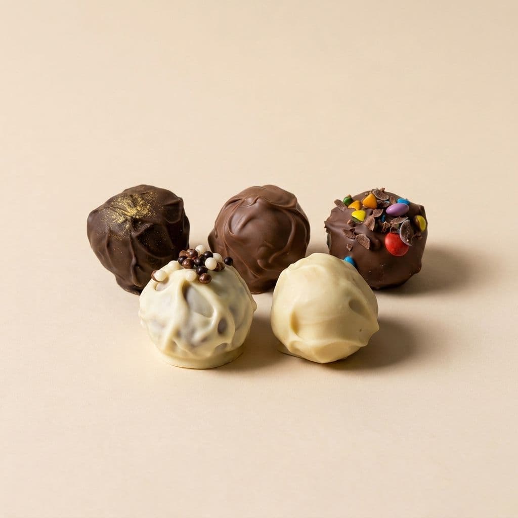 Assortiment van vijfChoco Dough-ballen in verschillende smaken, stijlvol gepresenteerd op een zachte beige achtergrond. De selectie bevat klassieke melkchocoladevarianten, kleurrijke Rainbow Choco Dough met smarties en chocoladeschilfers, en donkere varianten met een subtiele gouden afwerking. De verschillende toppings en coatings zorgen voor een luxe en speelse uitstraling.