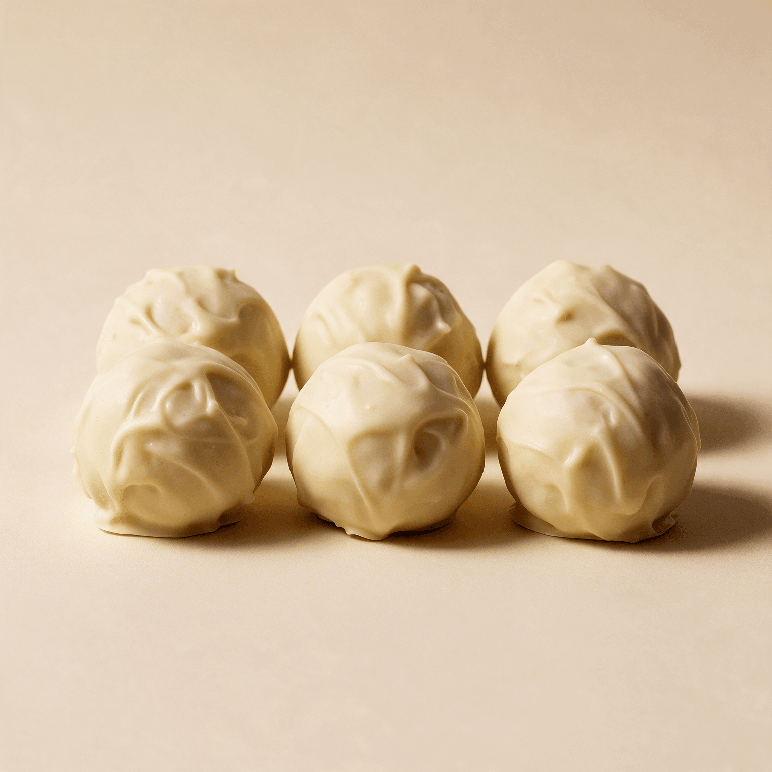 Zes lemon cookie dough balls in twee rijen van drie, omhuld met een grillige laag witte chocolade, op een zachtbeige achtergrond.