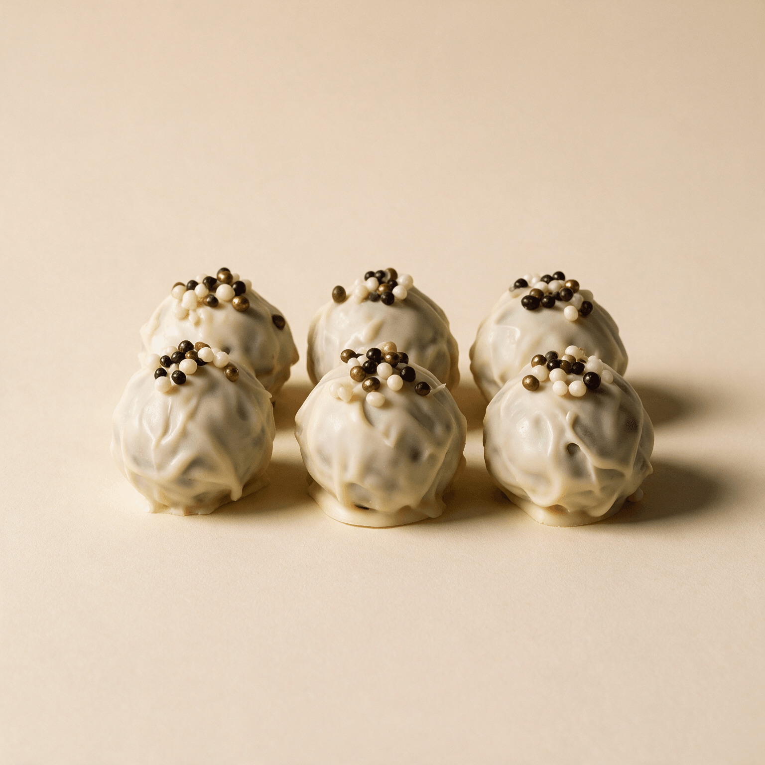 Zes red velvet cookie dough balls in twee rijen van drie. Ze zijn omhuld met witte chocolade en bestrooid met witte, donkerbruine en koperkleurige chocoladeparels, op een zachtbeige achtergrond.