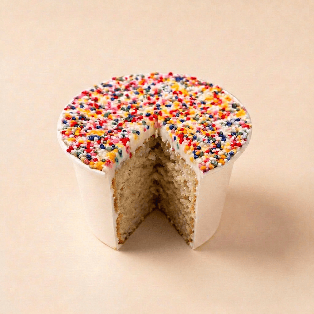 Vanille dotcake afgewerkt met romige roomkaasfrosting en een kleurrijke disco dip voor een feestelijke uitstraling.