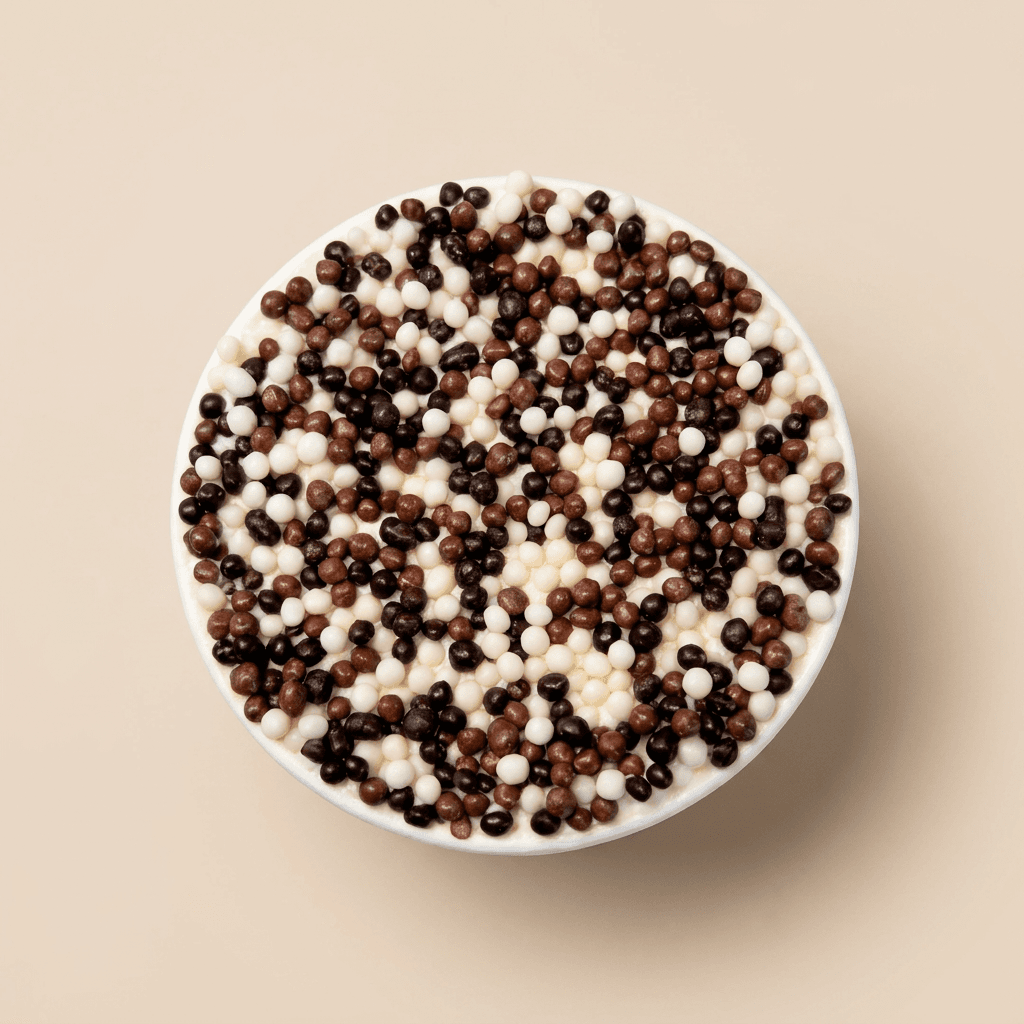 Bovenaanzicht van een chocolade dotcake met een romige laag roomkaasfrosting en rijkelijk bestrooid met krokante chocolade dots van melk- en witte chocolade