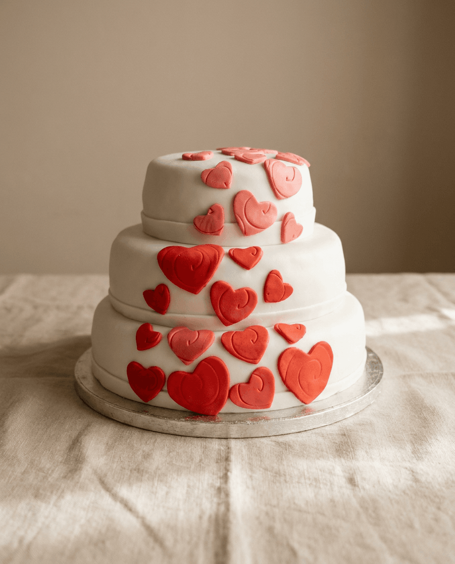 Witte bruidstaart van drie lagen, afgewerkt met fondant en versierd met rode en roze hartjes, op een zilveren taartplaat.