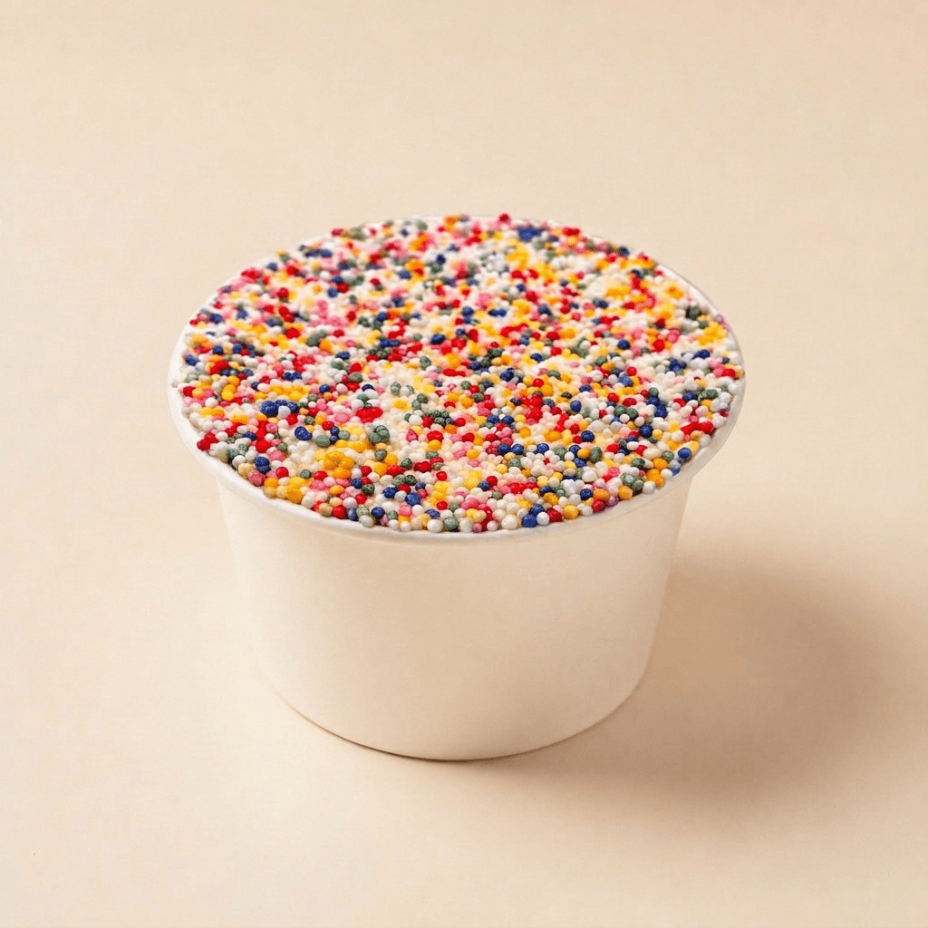 Vanille dotcake afgewerkt met romige roomkaasfrosting en een kleurrijke disco dip voor een feestelijke uitstraling.